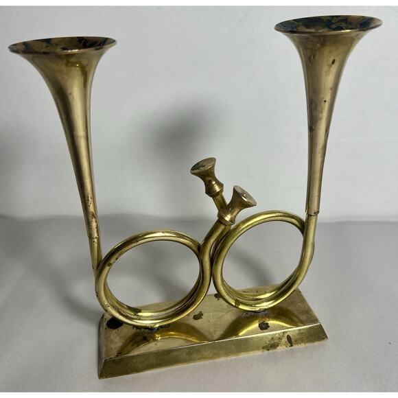Brass Double Bugle Trumpet Horn Holiday Candlestick Holder Pedestal Music Lover - Picture 4 of 9